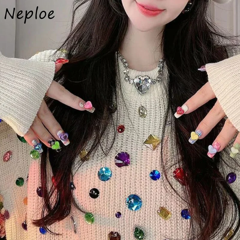 Neploe Autumn O Neck Solid Color Long Sleeve Pull Femme Vintage Knitted Pullover Sweater Y2k Diamonds Loose Casual Jumpers