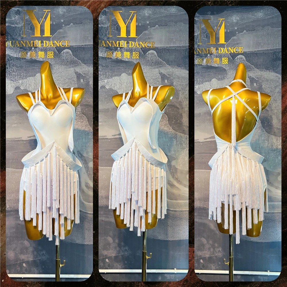 

customized Latin dance dress competition high training performance costume cha cha rumba dance white neckband dresses for women