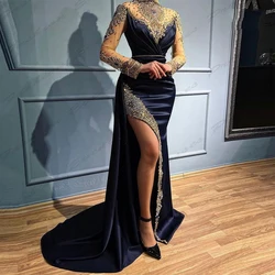 Luxury Mermaid High Collar Evening Dresses Exquisite Sexy Long Sleeved High Slit Formal Party Mopping Customized Prom Gowns 2025