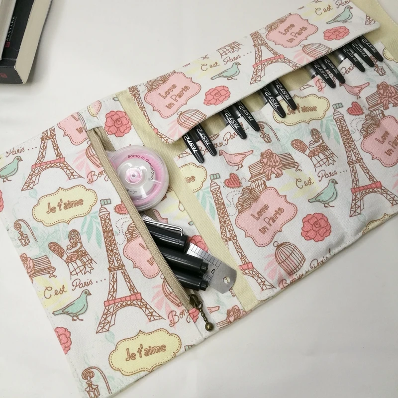 New Fashionable Canvas Pencil Case Roller Shutter Simple Large-capacity Portable Stationery Bag Students-5 holes