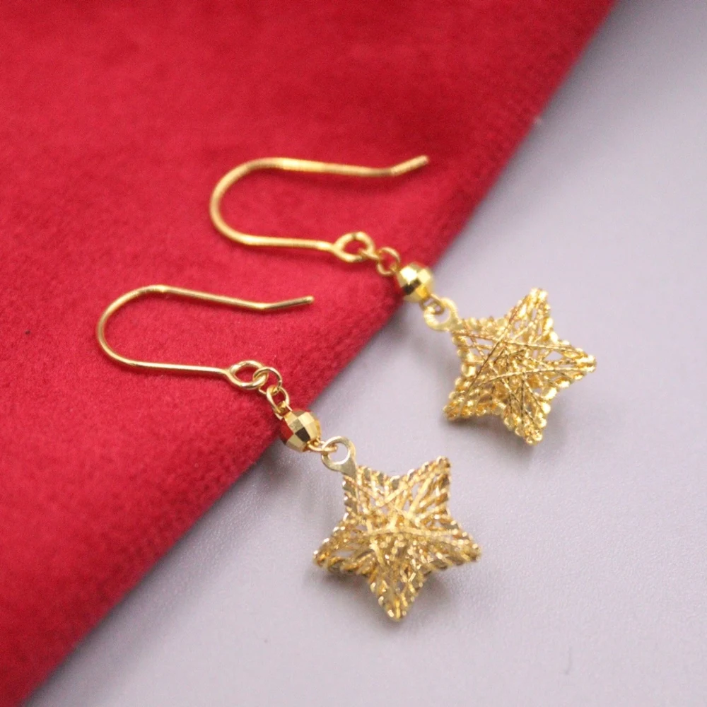 

Real Pure 18K Yellow Gold Dangle Women Gift Lucky Bead Hollow Star Earrings 2.05g