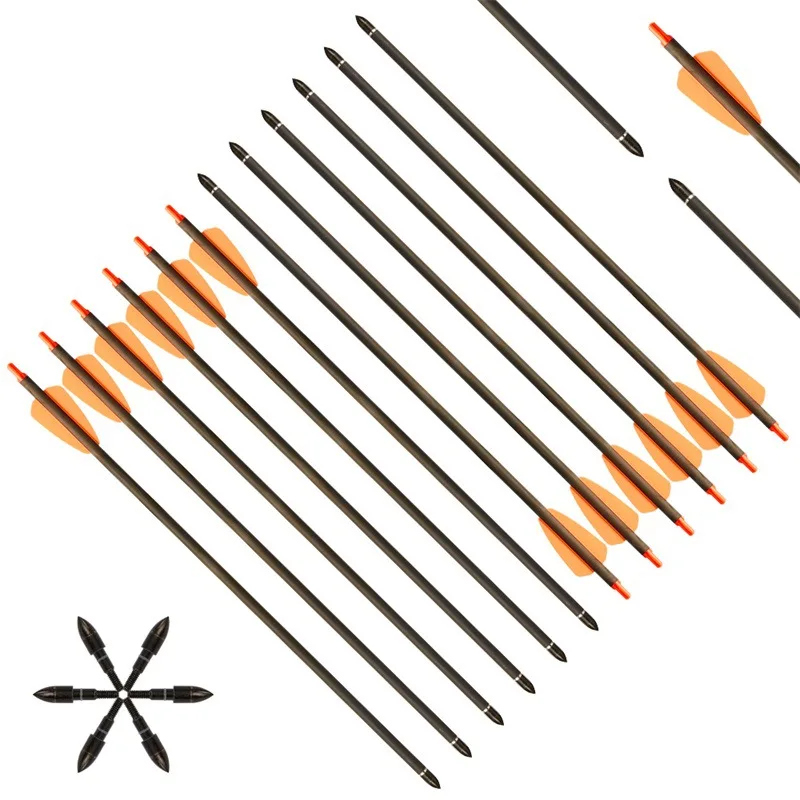 ID6.2mm 15inch Carbon Crossbow Arrows 12pcs Bolts 2 Vanes Plastic Feather Removable Archery Arrows for Hunting Target Practice