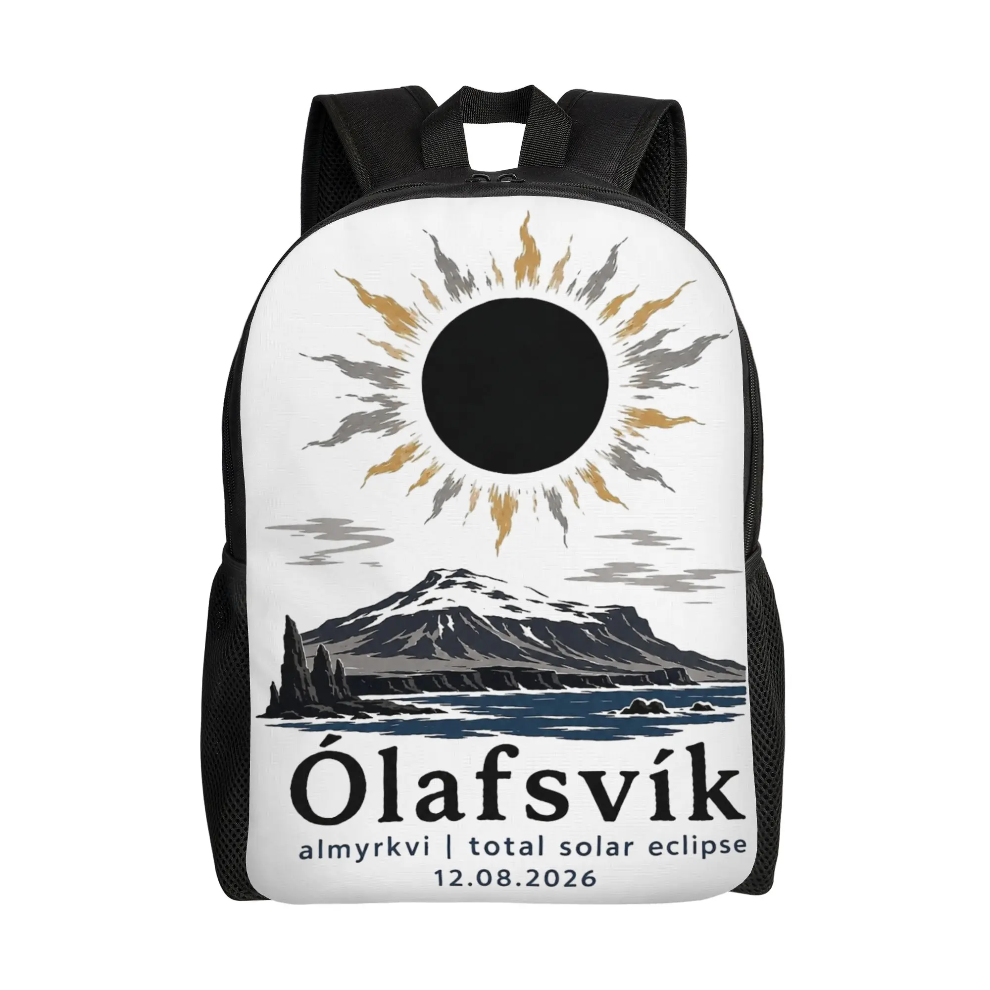 Olafsvik Total Solar Eclipse 2026 Iceland Art Cool Backpack Outdoor High School  Daypack for Men Women College Canvas Bags