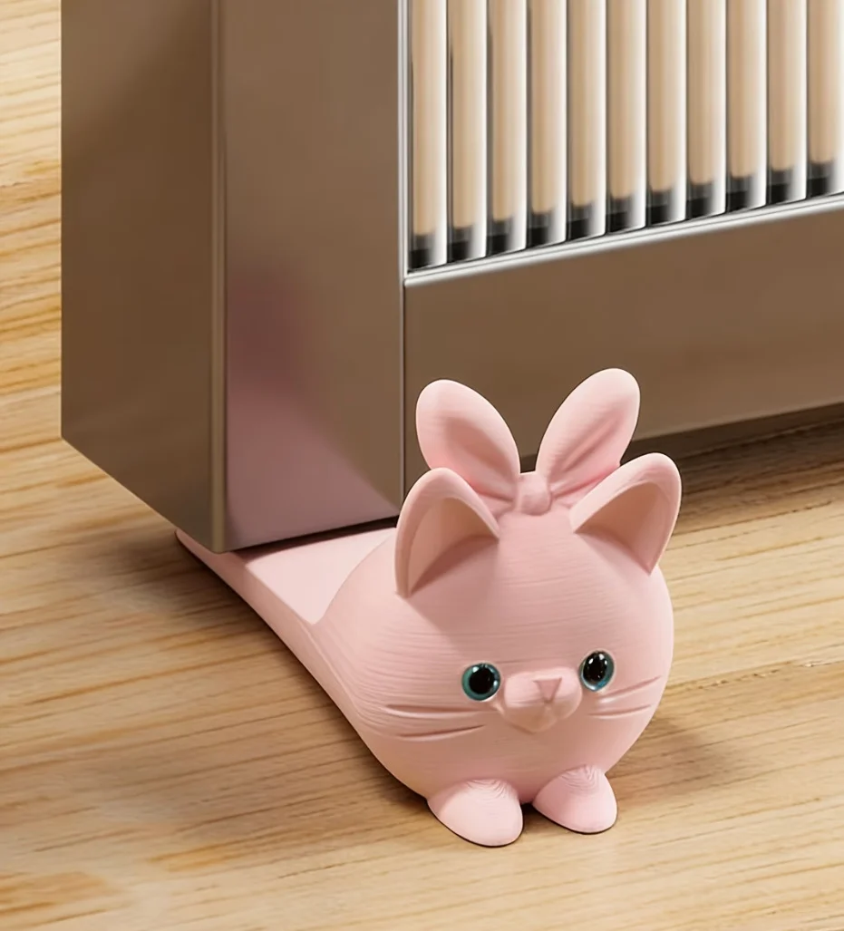3D Printed Cute Pink Cat-Shaped Door Stop with Creative Bunny Ears Design Anti-Slip Wear-Resistant Home Decorative Accessory