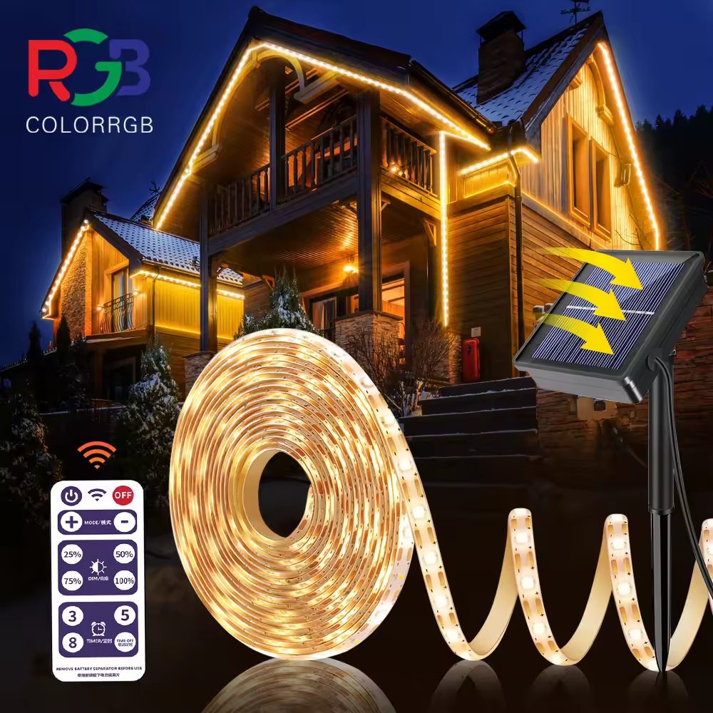Solar Led Strip Lights. 5M 10M . With Remote, 8 Lighting Modes Auto ON/Off, IP67 Waterproof ,DIY For Fence,Roof,Staircase,