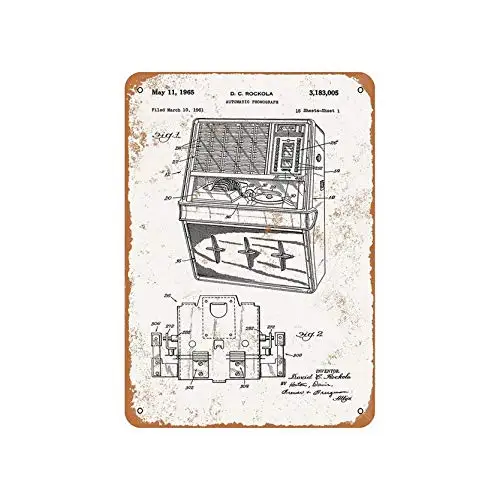 Letrero Metálico Vintage de Hojalata - Patente Rockola Jukebox 8x12 pulgadas (20x30cm) - Decoración de Bar, Letrero de Cerveza, Decoración de Pared, Letrero de Carretera, Letreros