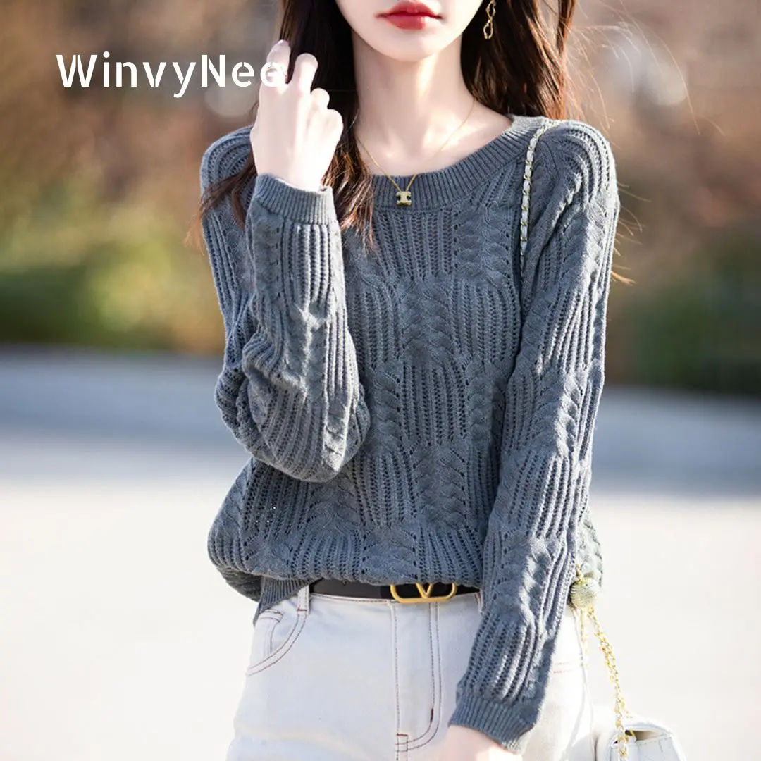 

WinvyNee Women's 100% Cotton 7 Needle Solid Hollow Crew Neck High Elastic Soft Fitted Long Sleeve Daily Pullover Tops A1092033