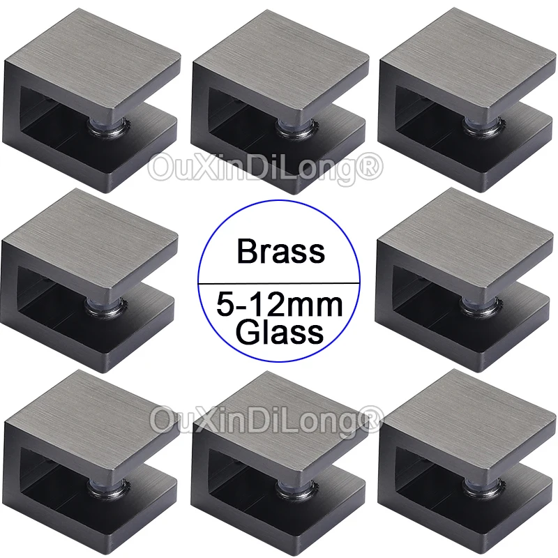 

New 8PCS Pure Brass Glass Clamps Brushed Black Bathroom Shelf Holder Support Brackets No Drilling for 5-12mm Thickness Glass