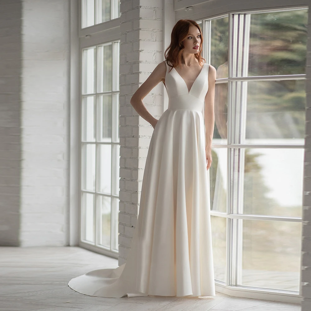 

Civil Draped Wedding Dress Double V Neck Sweep Train Sleeveless Simple Bridal Gown For Bride Свадебное платье A Line 2024