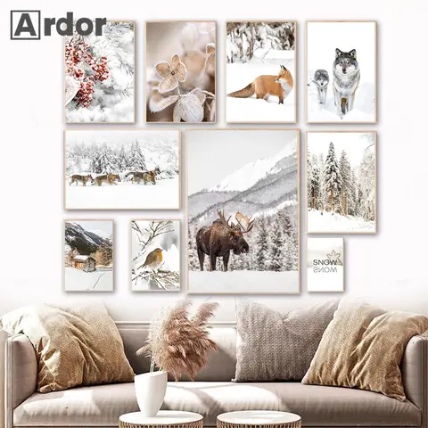 Winter Scenery Canvas Painting Wolf Fox Dog Elk Animal Poster Forest Snow Print Nordic Wall Art Pictures Living Room Home Decor