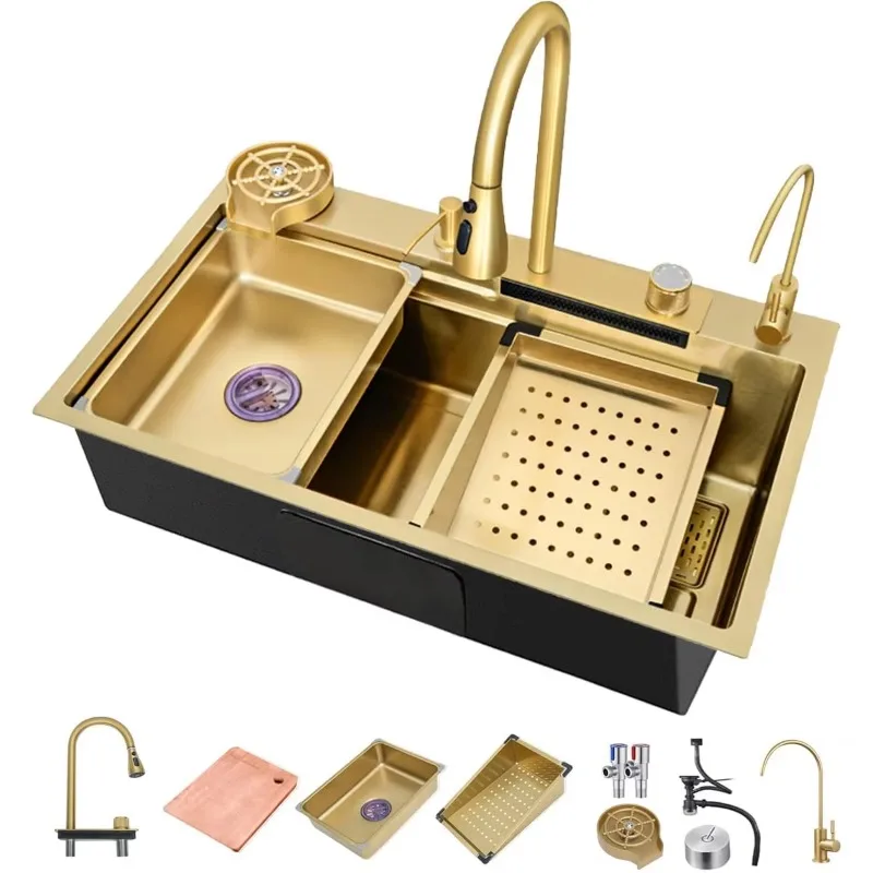 Золотая кухонная мойка с одной чашей из нержавеющей стали, вставная конструкция для элегантности и долговечности