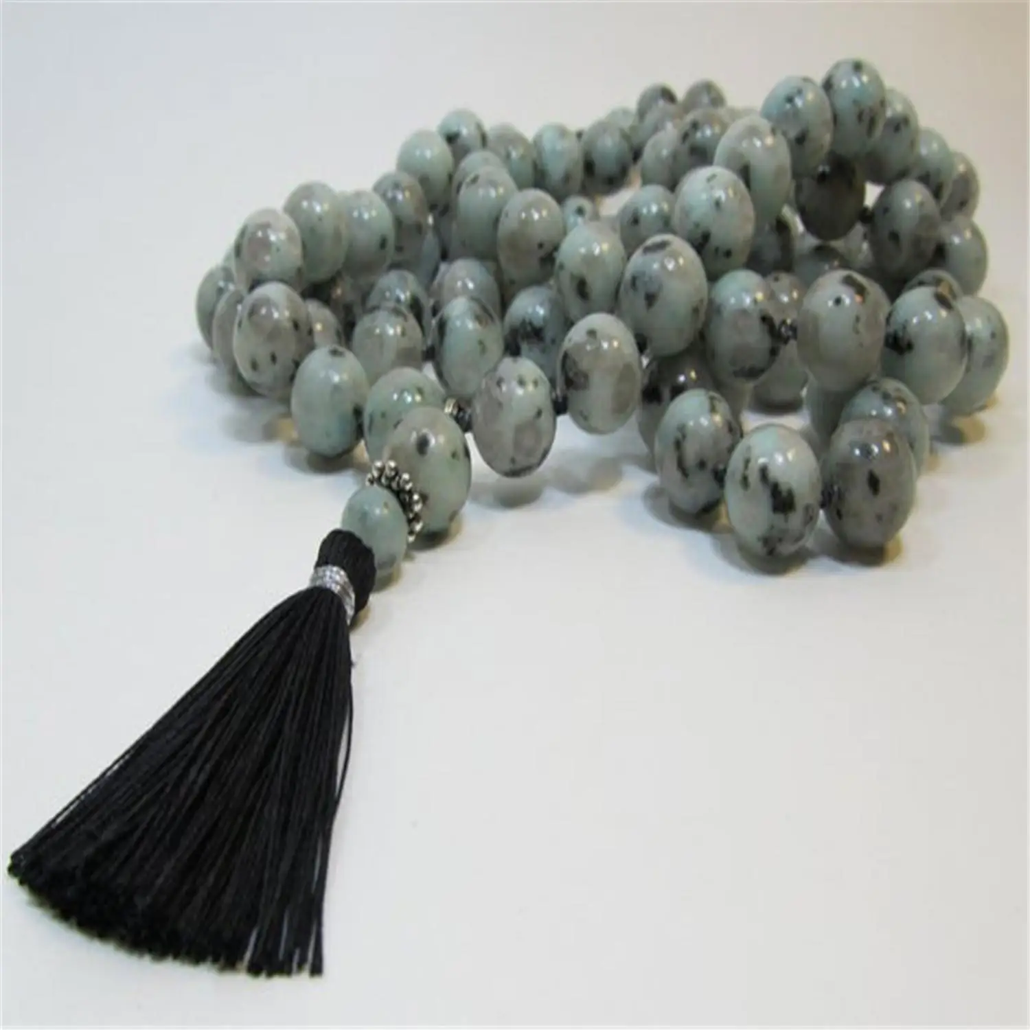 8mm Sesame Jasper 108 Beads Handmade Tassel Necklace Sacred wear Yoga Opera length Tranquility Wood Statement Mala  Men