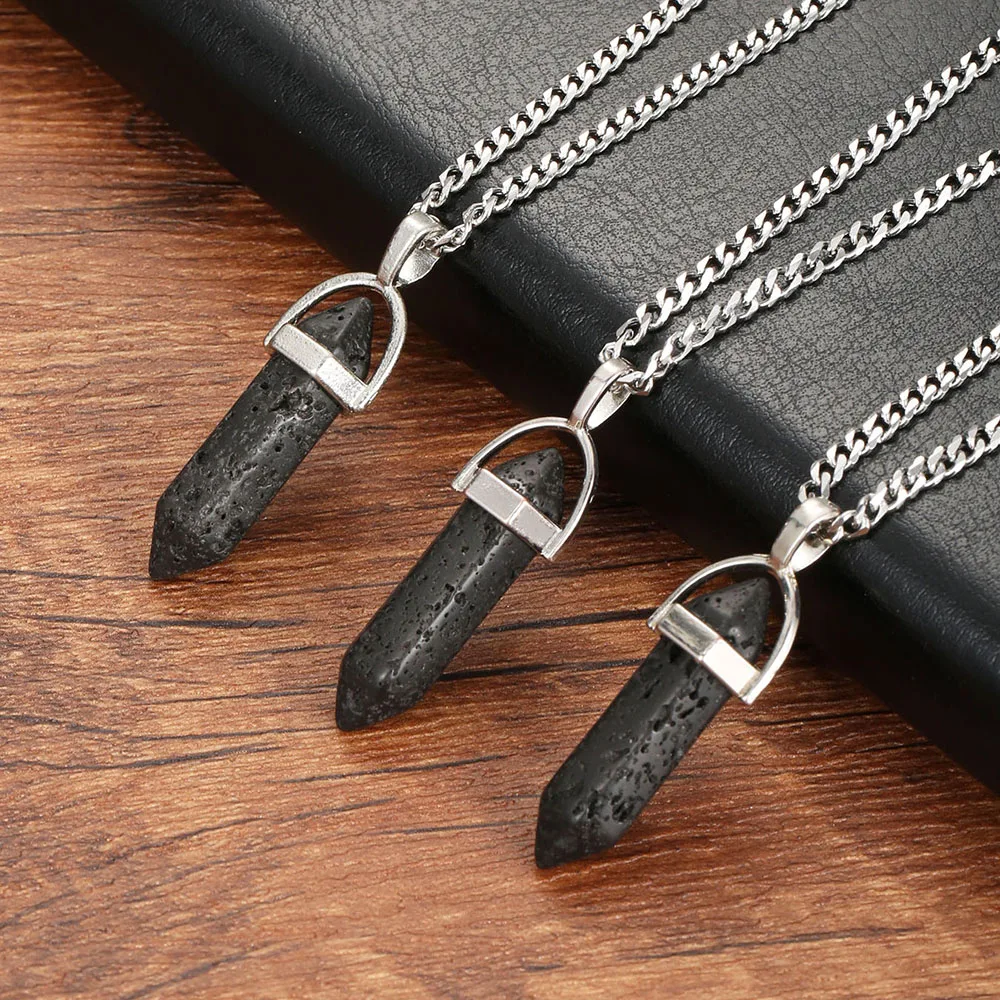 1PC Vintage Natürliche Schwarze Lava Stein Halskette für Männer Edelstahl Kubanischen Kette Zink-legierung Hexagon Prisma Halskette Männer schmuck