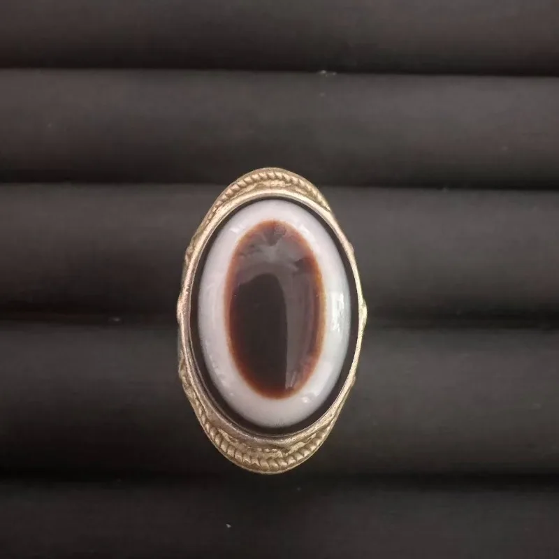 Tibetischer Silberring, Seidenaugen-Achat Medizin-Buddha Schafaugen-Rundachat Vintage Ethnischer Unisex-Daumenring – Detail 2