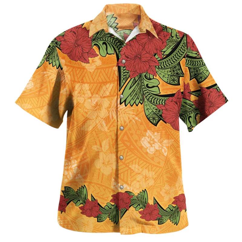 Hibiscus Plumeria Flower Pattern Hawaiian Shirts Men Polynesian 3d Printed Blouse Tops Short Sleeves Loose Lapel Button Shirt