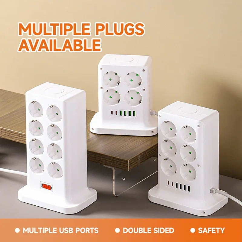 Tower Power Strip Multi Outlets 8 AC Outlets Socket With 4 USB +2 Type C 1.5m Extension Cable EU Plug Vertical Electric Socket