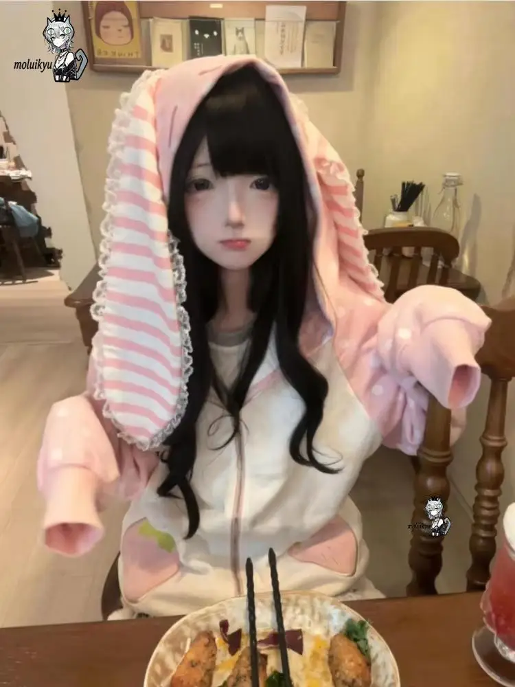 Cute Japanese Kawaii Rabbit Ear Hoodie Loose Polka Dot Patch Women's Grunge Hoodie Y2K Aesthetic Strawberry Sweatshirt Gift