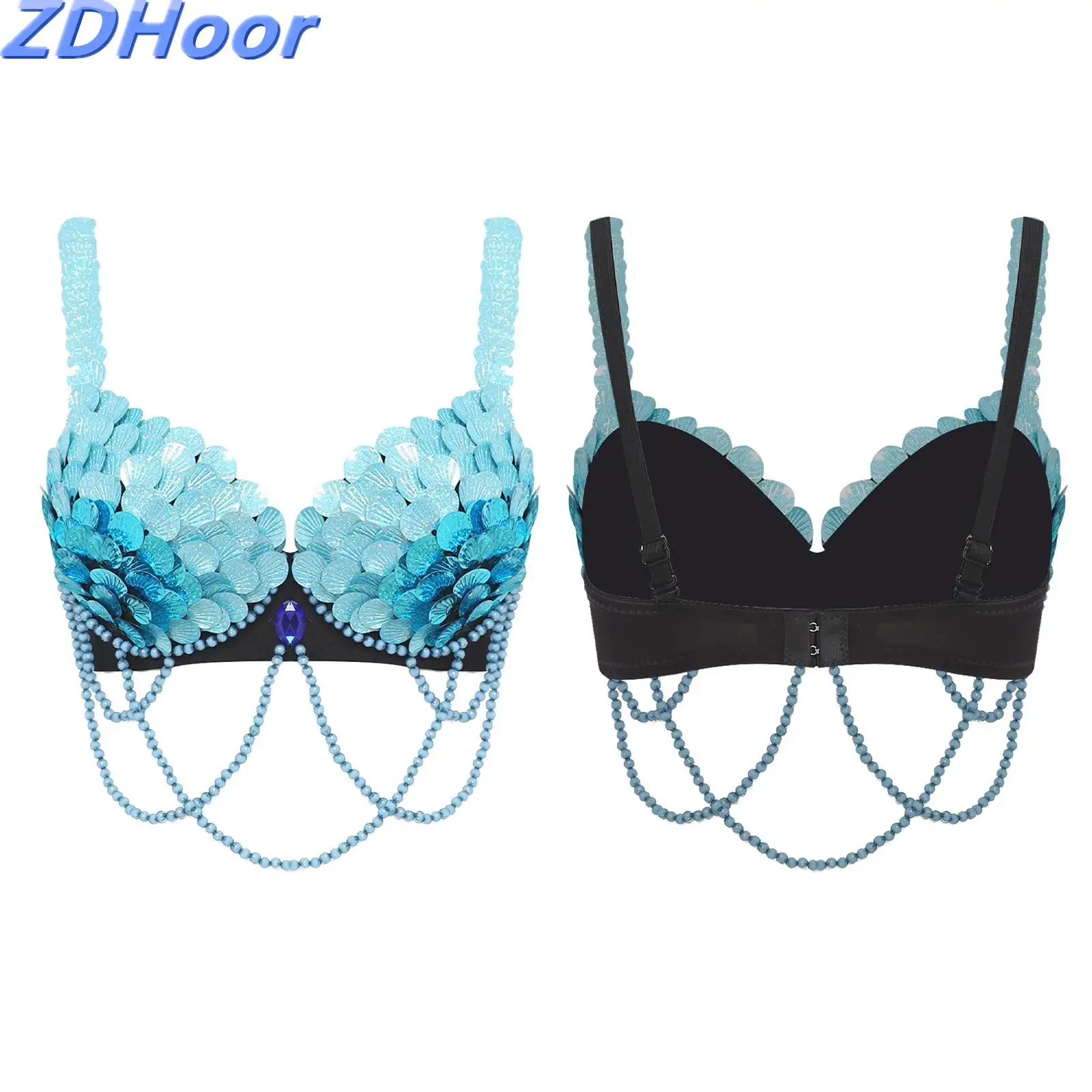 

Women Belly Dance Bra Fish-scale Sequins Playful Decor Push-up Underwire Bralette Balconette Top for Dancing Mermaid Cosplay