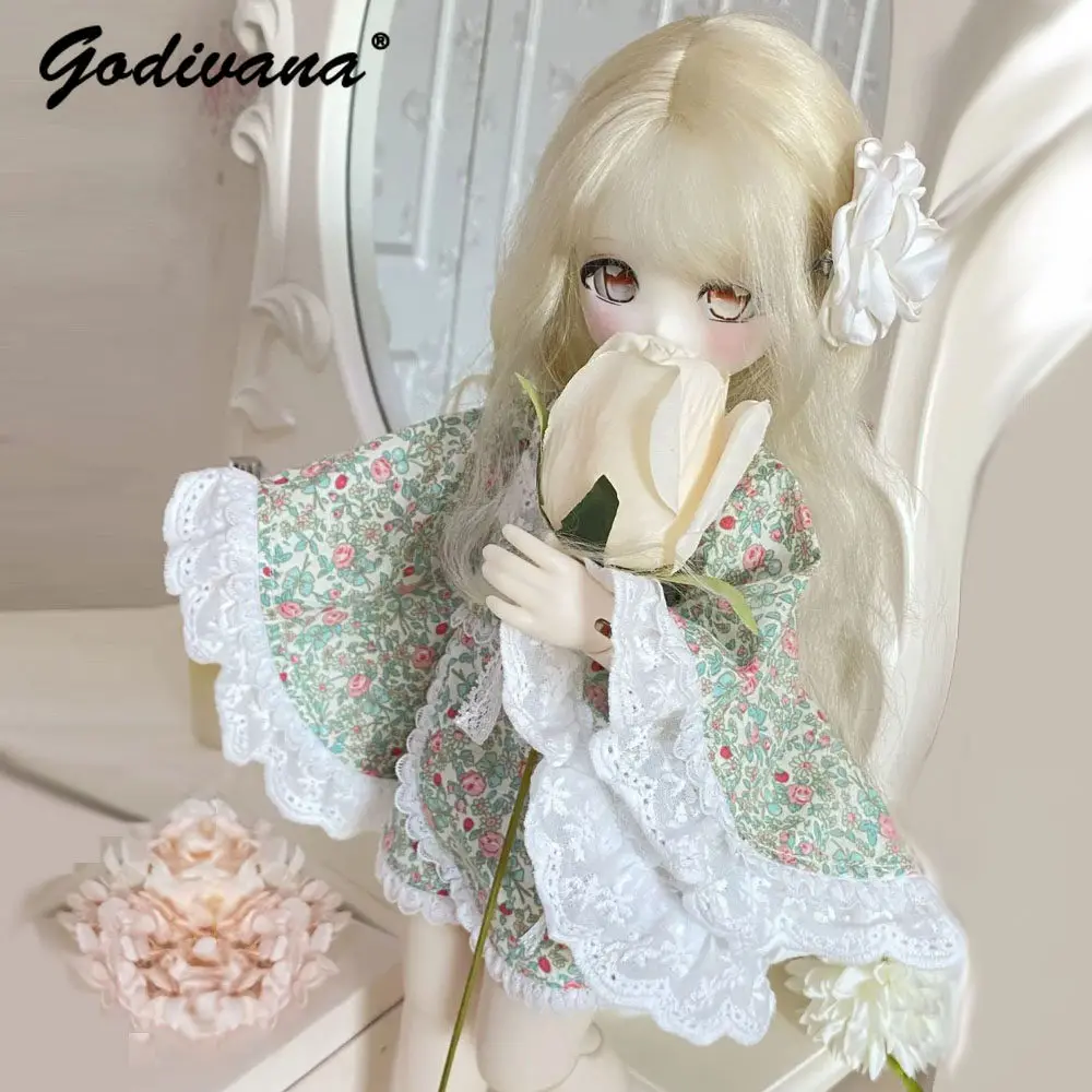 Sweet Japanese Style BJD Doll Clothes Floral Short Kimono with Lace Edge Flower Hair Ornament Handmade Cute Outfit for 1/4 BJD