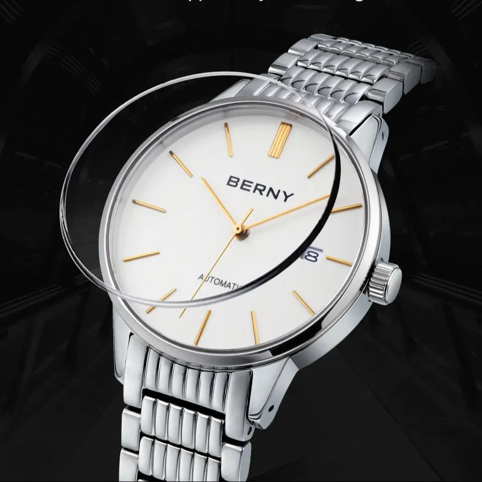 BERNY Automatic Watch for Men Luxury Mechanical Wristwatches 28800V/H Sapphire Full Stainless Steel Slim Dress Men's Watches