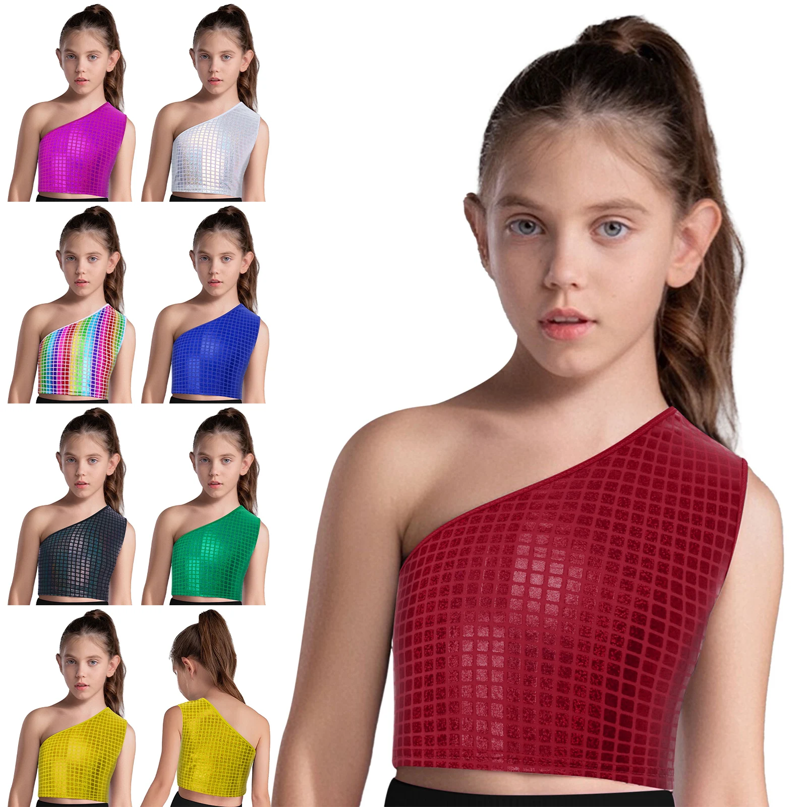 Traje de baile de Hip-Hop para niñas, chaleco a cuadros metálico con un hombro, Top corto sin mangas para baile de Jazz, ropa de baile moderna para Yoga y gimnasio