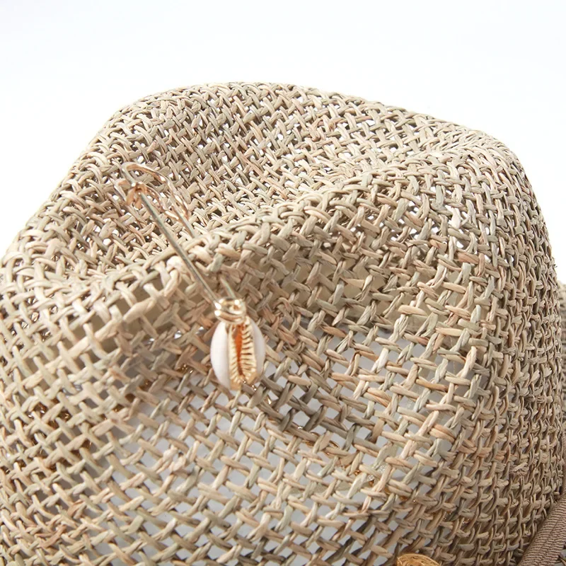 パナマストローサンハットつば広UPF50+折りたたみ式、ネイビー&ベージュコントラストビーチハット調節可能なあごストラップ女性夏