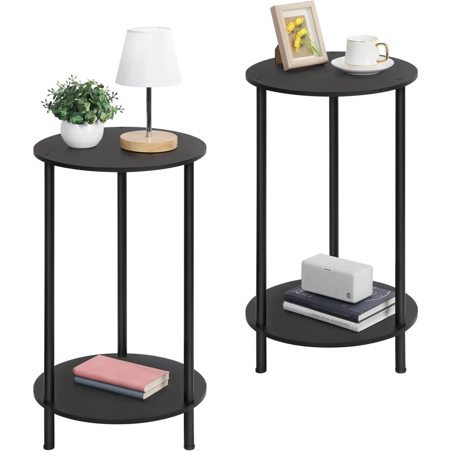 

2-Tier Farmhouse Round End Tables (Set of 2) - Compact Storage Coffee/Night Stands for Small Spaces Bedroom/Living Room (Black)