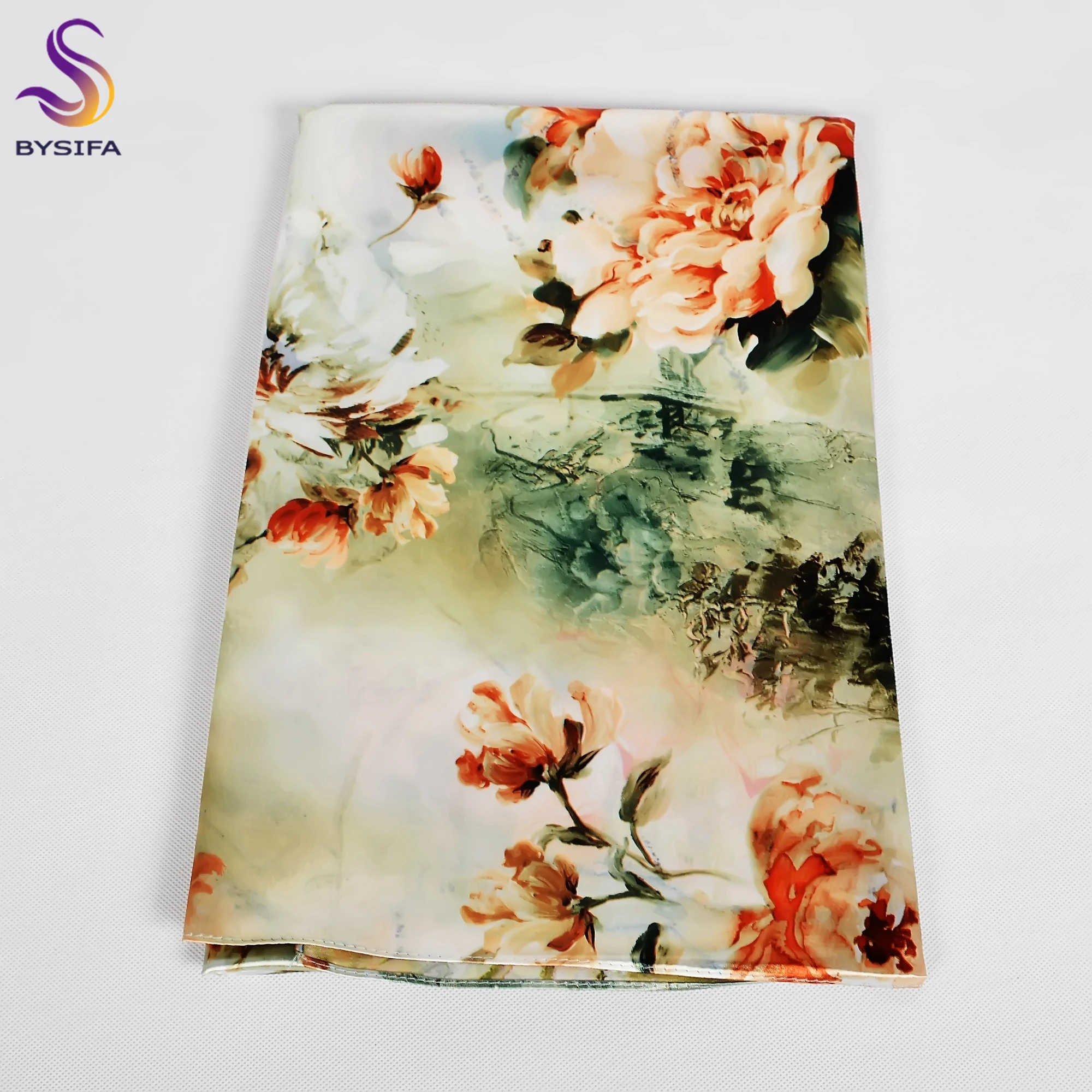[BYSIFA] Silk Scarf Shawl Femmes Foulard New Magnolia Design Ladies Double Faces Long Scarves Printed Beige Pink Hijabs160*70cm