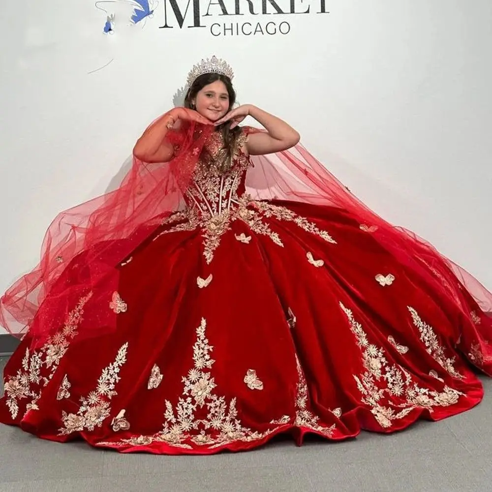 Lorencia-vestido De Quinceañera De terciopelo rojo, 2023, con envolturas, apliques De encaje dorado, volantes, dulce 16 15, Vestidos De XV Anos YQD374