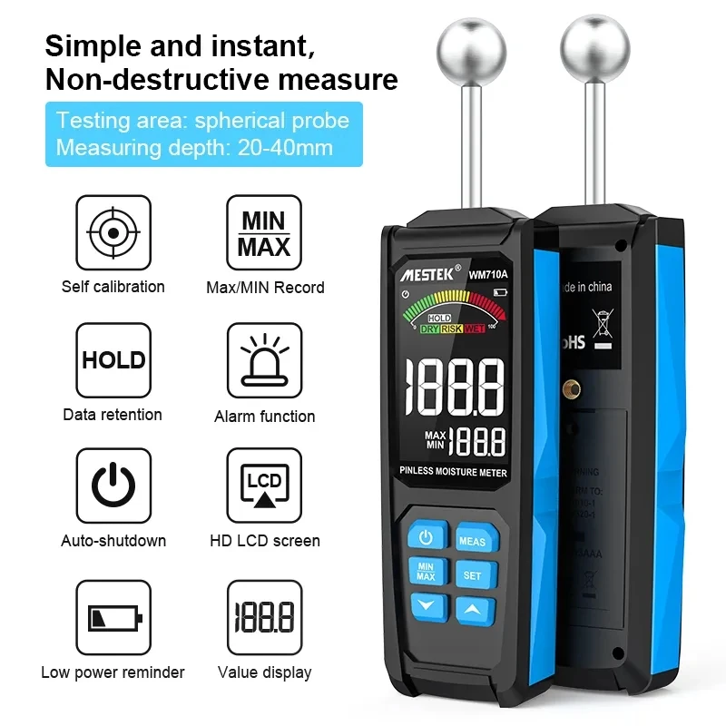 WM710A Misuratore digitale di umidità del legno Igrometro sferico non distruttivo Registra l'umidità Rilevamento automatico Rilevatore di umidità del legname umido