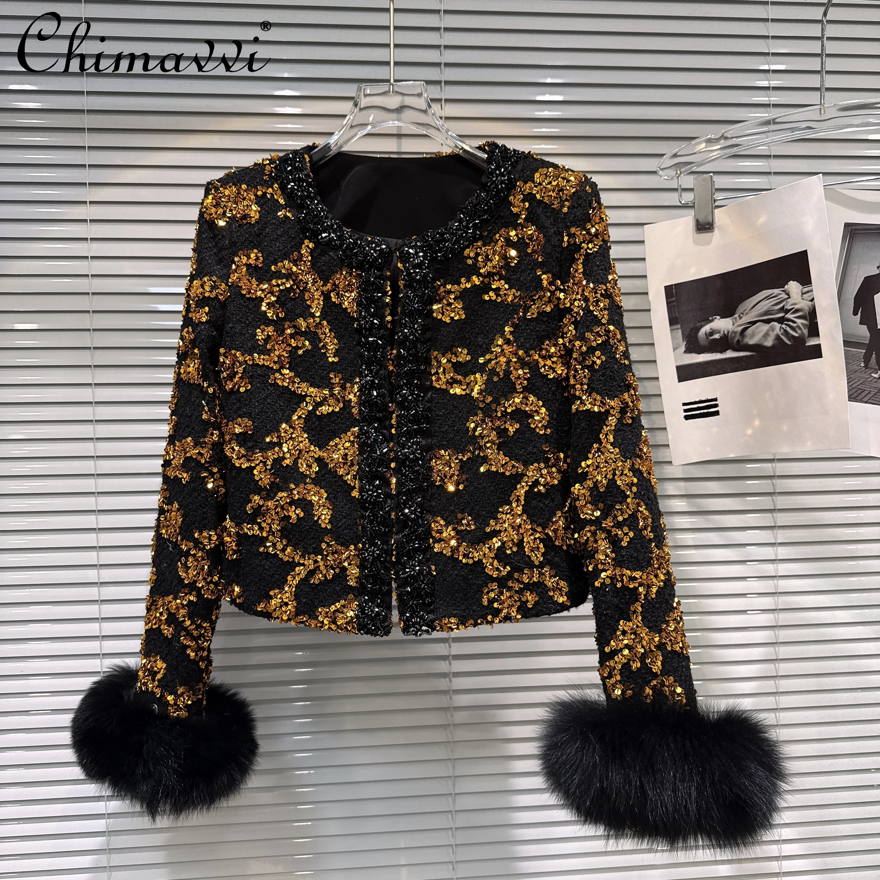 

Fashion Socialite Heavy Industry Beaded Sequin Winter Coats Round Neck Single-Breasted Fox Fur Sleeve Tweed Short Jackets Women