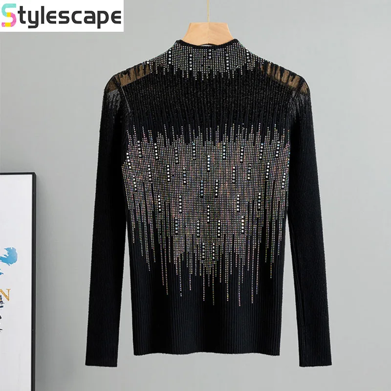 

2025 Thin French Mesh Splicing Hot Drilled Knitted Shirt for Women's Style, Wearing Externally, Underlying, and Underwear Top