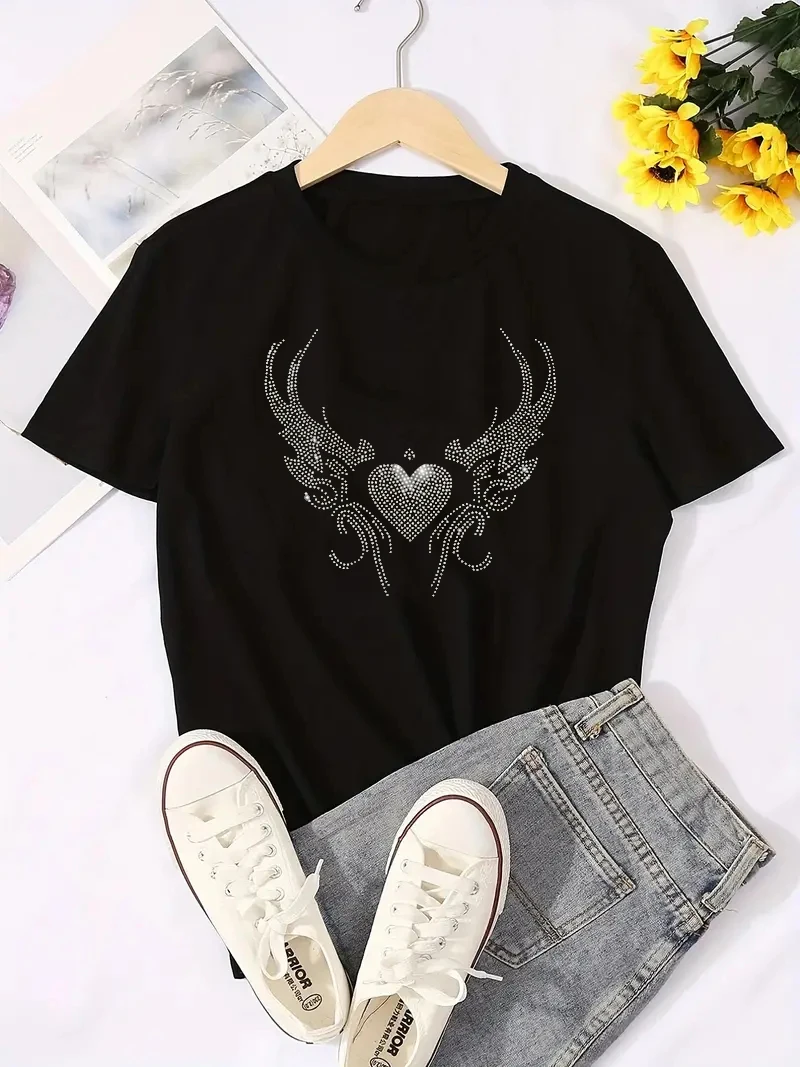 Summer Oversize Women Rhinestone T-shirt Short Sleeve O-neck Elastic Loose Plus Size Tops Lady Fashion Black T Shirt 2024