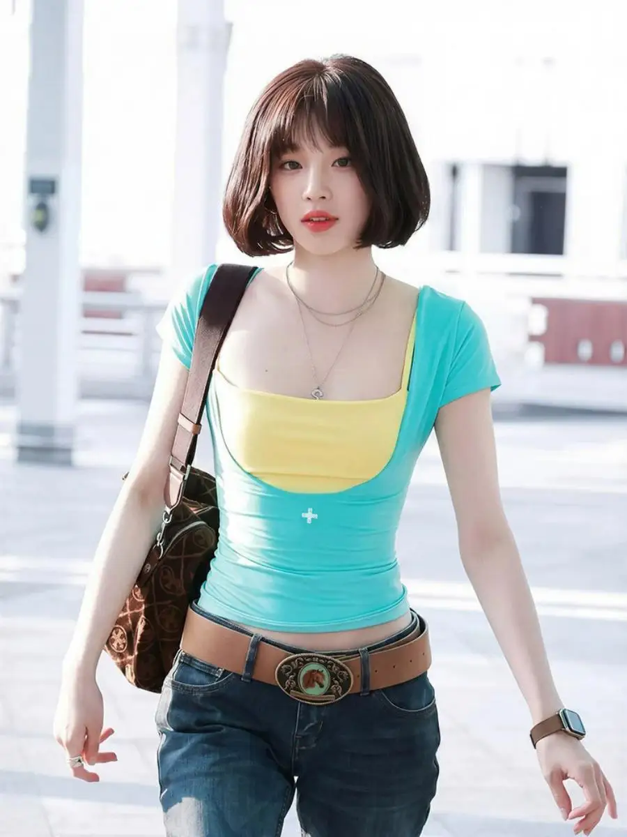 

Rainy Qi U-Shape Backless Summer Women's Slimming T-Shirt Strap Two-Piece Set Casual Short Sleeve Three-BUTTONS Other Pattern