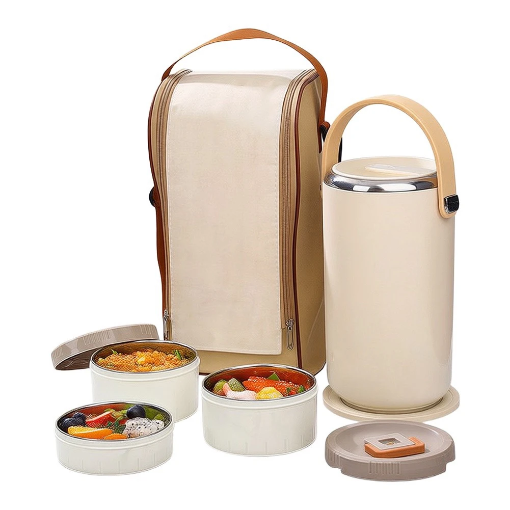 Vacuum Insulated Stainless Steel Lunch Box with Three Removable Compartments and Integrated Pressure Release Mechanism