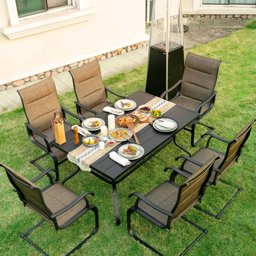 

7 Piece Outdoor Dining Set, 6 All Weather Padded Textilene Patio Chairs and 61 Rectangular Dining Table with 1.57 Umbrella Hole