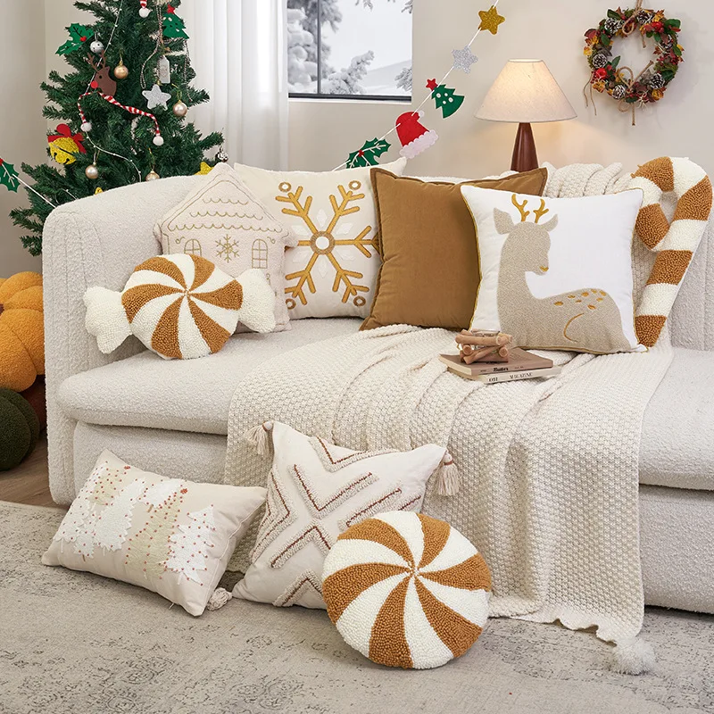 30X50/45X45CM Christmas Throw Pillow Tassel Embroidery Stamping Waist Cushion Cover Decor Home Decorative Pillowcase