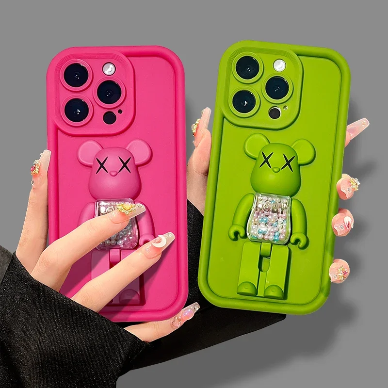 Cute 3D Bear Bracket TPU Phone Case for iPhone 15 14 13 12 11 Pro Max XR XS X 8 7 Plus SE 2020 Silicone Shockproof Matte Cover