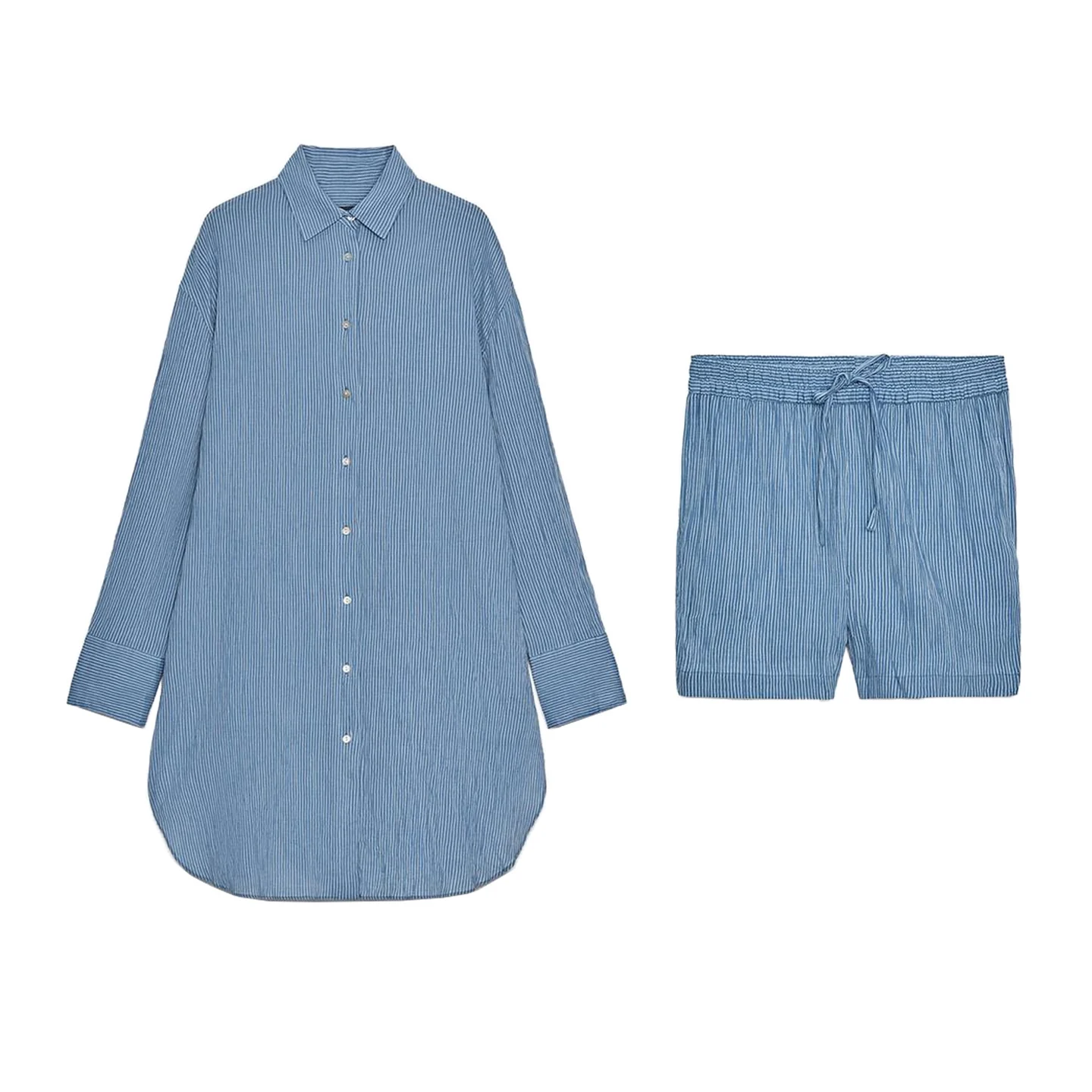 Casual Cotton Blend Striped Long Sve irt And orts Set Button up Sle Summer Faion Women's Two-Piece Suit 2025 Season