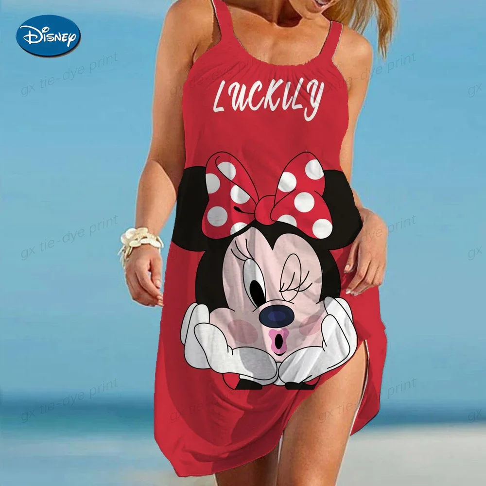 Disney Minnie Dress Women Fashion Summer Beach Casual Dress Sexy Mid Length Sun Dress Camisole 3D Print Casual Nightdress