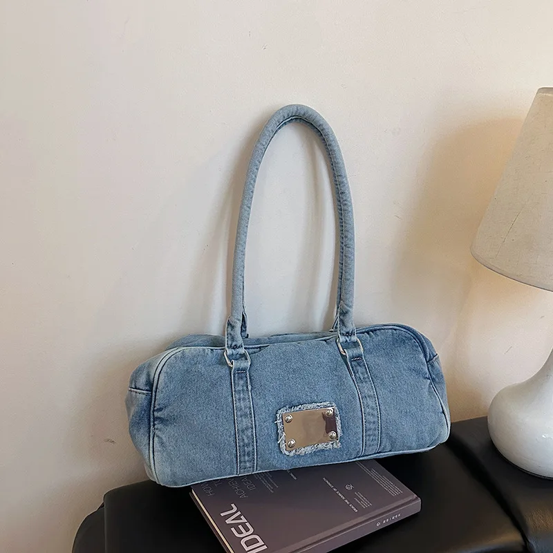 

Women's Vintage Washed Denim Shoulder Bag Casual Cylinder Tote Handbag with Frayed Trim for Daily Travel