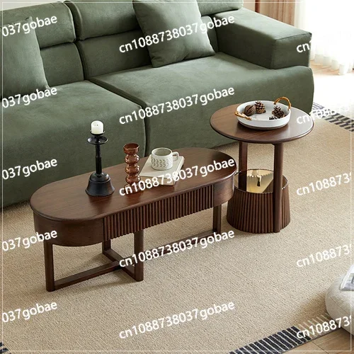 ZC Solid Wood round Coffee Table Small Apartment Living Room Side Table Black Walnut Color Simple Modern Height Combination