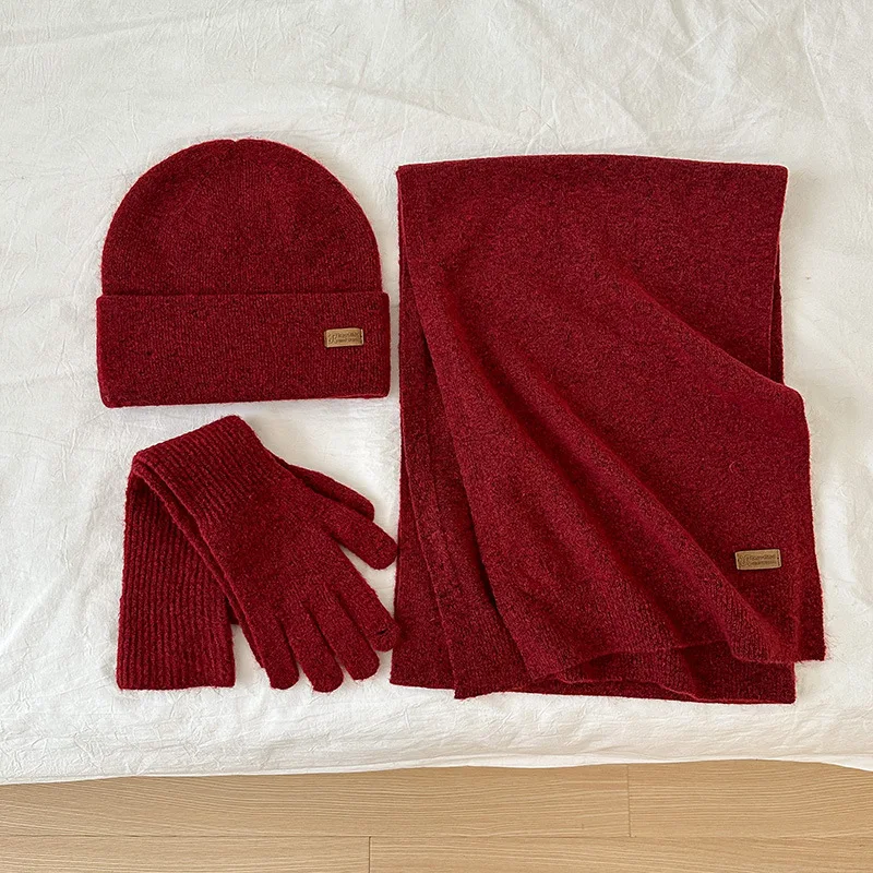 3pcs set winter beanies scarf gloves for women solid color simple design knitted winter hats long scarf gloves