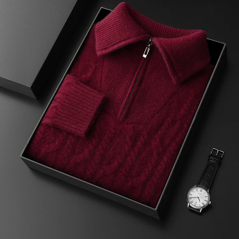 

CHICUU Luxury 100% Cashmere Sweater Men Polo Zipper Cable Knit Pullover Thick Soft Warm Cashmere Knitwear Autumn Winter Clothes