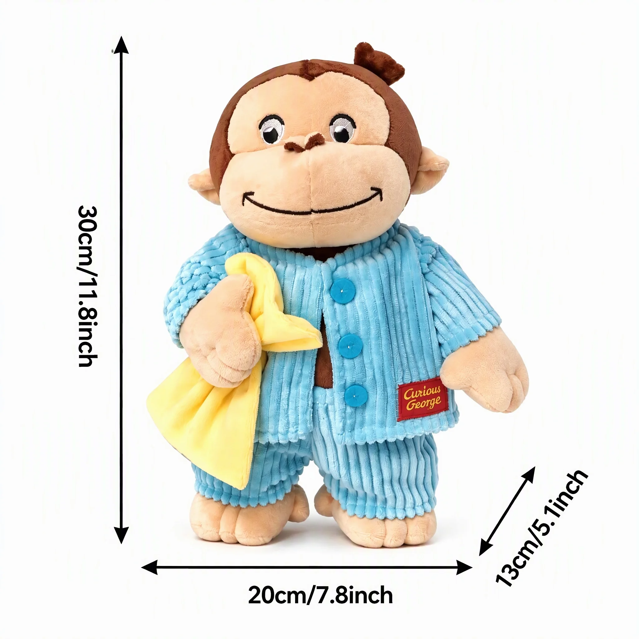 Curious George Monkey Plush 12Inch 30cm, Blue Pajama Stuffed Animal with Yellow Blanket Soft Doll Kids Birthday Xmas Gift