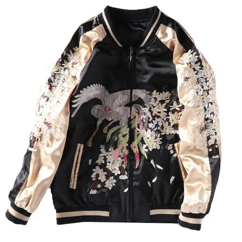 Yokosuka Embroidery Baseball Jacket Men Women Patchwork Color Silk Double Sided Bomber Coat