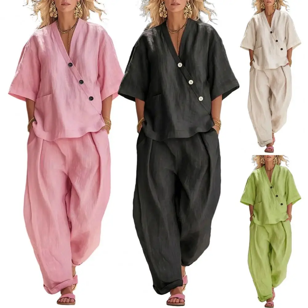 

Женский комплект-двойка 2026: модный повседневный однотонный топ с V-образным вырезом и коротким рукавом, свободные брюки с высокой талией