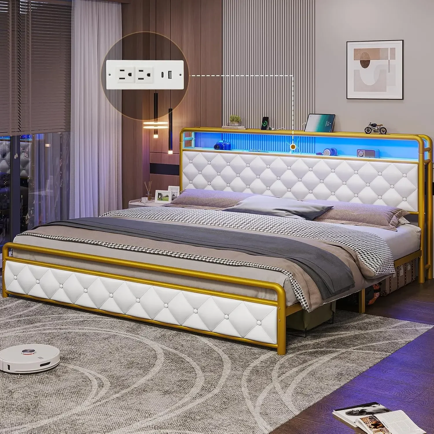 King Bed Frame with LED Lights,Platform Bed King Size with 2 Tier Headboard Storage