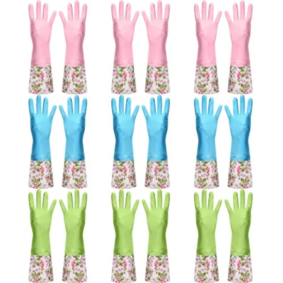 

Mimorou 9 Pairs Household Dishwashing Rubber Gloves Long Cuff and Flock Lining Cleaning Gloves Reusable Waterproof