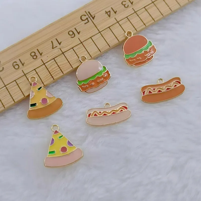Colgantes de comida esmaltados para hacer joyas, accesorios para collares, pulseras, pendientes, hamburguesa, Pizza, perritos calientes, 10 piezas